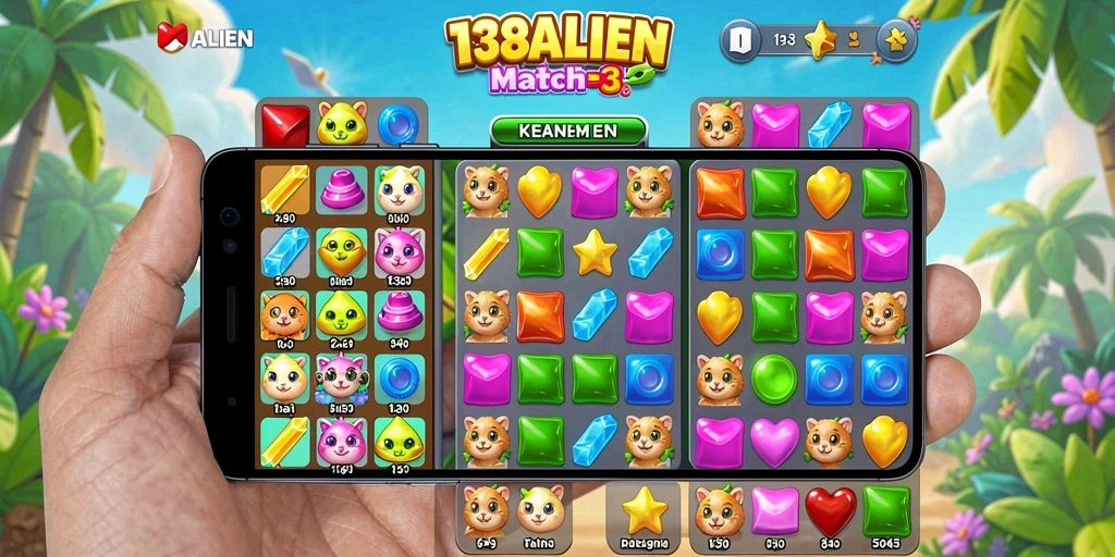 Gameplay menarik 138ALIEN yang menampilkan tantangan Match-3.