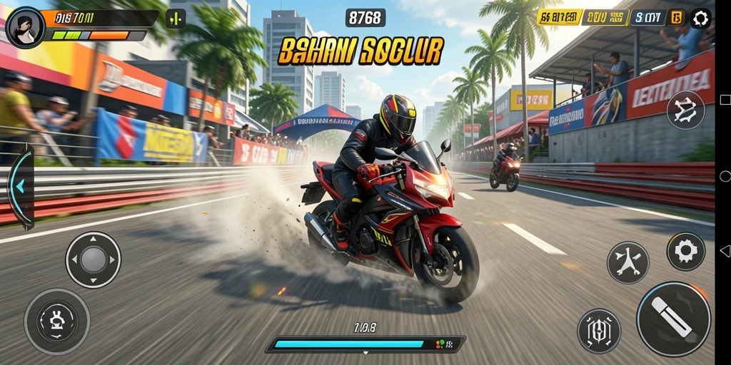 Screenshot gameplay menampilkan balapan motor yang intens dan mendebarkan.