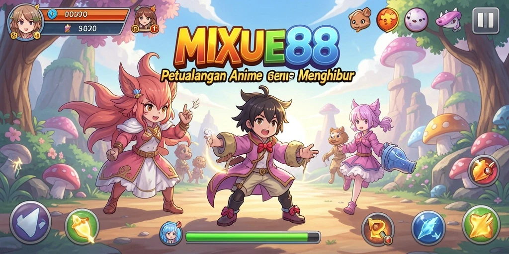 Tampilan seru dari gameplay MIXUE88 dengan karakter anime yang menarik.