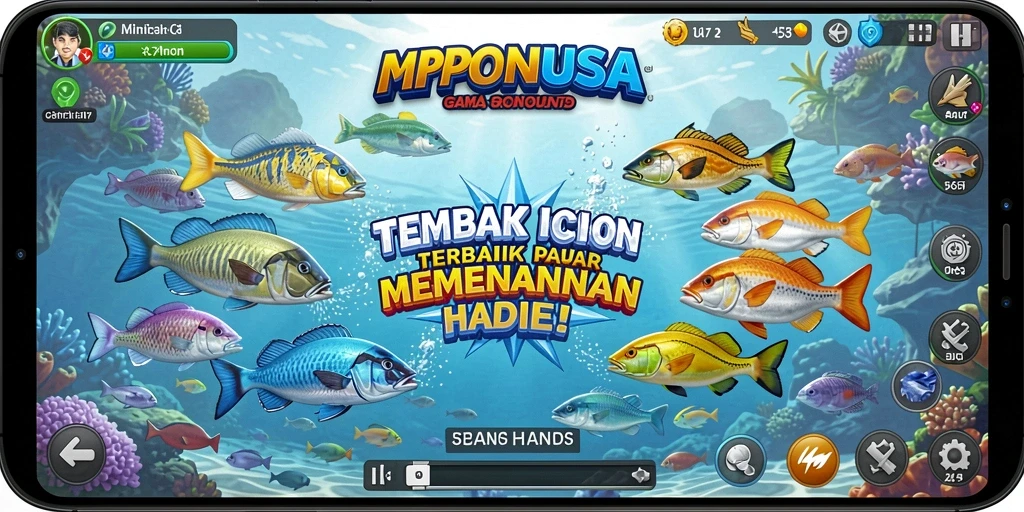 Screenshot gameplay MPONUSA dengan aksi menembak ikan yang mendebarkan.