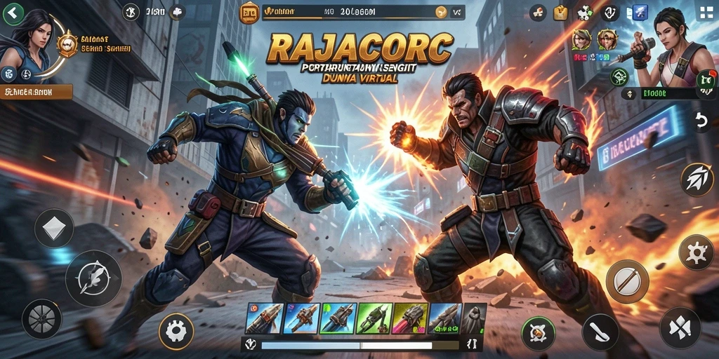 Tampilan gameplay RAJACORC yang mendebarkan saat karakter bertarung.