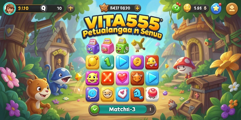 Screenshot utama VITA555 menampilkan gameplay seru dalam pertarungan match-3.